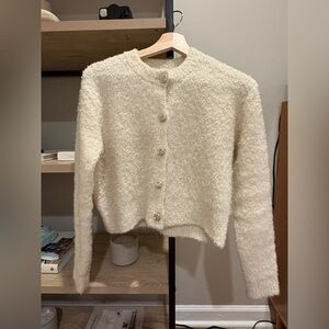 Cream Fuzzy Knit Cardigan with Gold Buttons